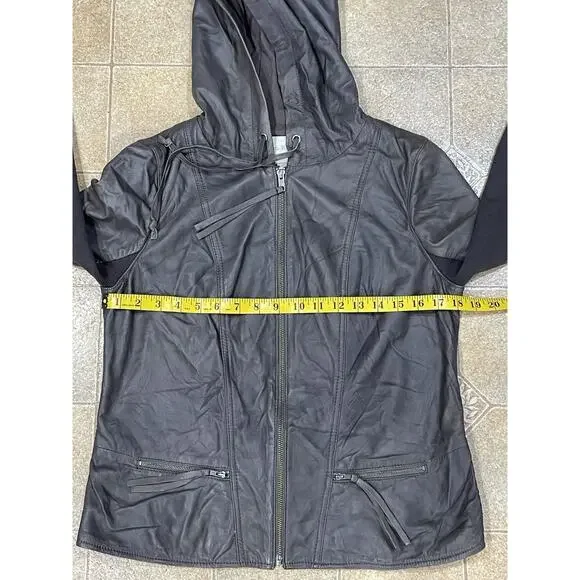 Hinge Brown Leather Jacket Hoodie Size Medium Zipper Pockets -Classy Comfort - Picture 6 of 13